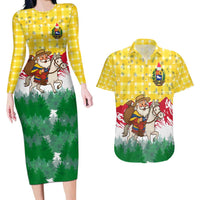 Venezuela Christmas Couples Matching Long Sleeve Bodycon Dress and Hawaiian Shirt with Santa on Horse Traditional Outfit Snowflakes and Yellow Plaid - Wonder Print Shop