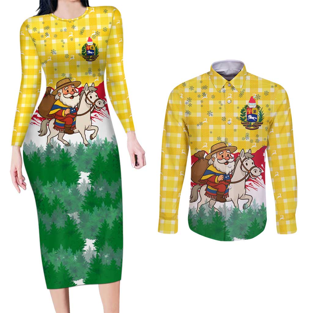 Venezuela Christmas Couples Matching Long Sleeve Bodycon Dress and Long Sleeve Button Shirt with Santa on Horse Traditional Outfit Snowflakes and Yellow Plaid - Wonder Print Shop