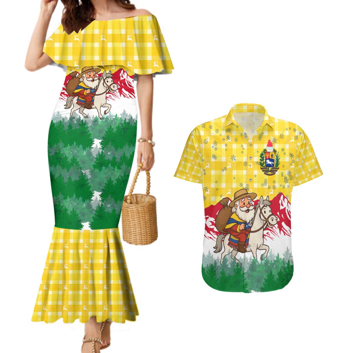 Venezuela Christmas Couples Matching Mermaid Dress and Hawaiian Shirt with Santa on Horse Traditional Outfit Snowflakes and Yellow Plaid - Wonder Print Shop