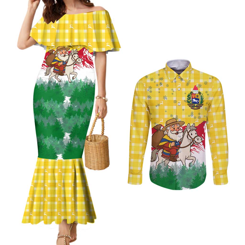 Venezuela Christmas Couples Matching Mermaid Dress and Long Sleeve Button Shirt with Santa on Horse Traditional Outfit Snowflakes and Yellow Plaid - Wonder Print Shop