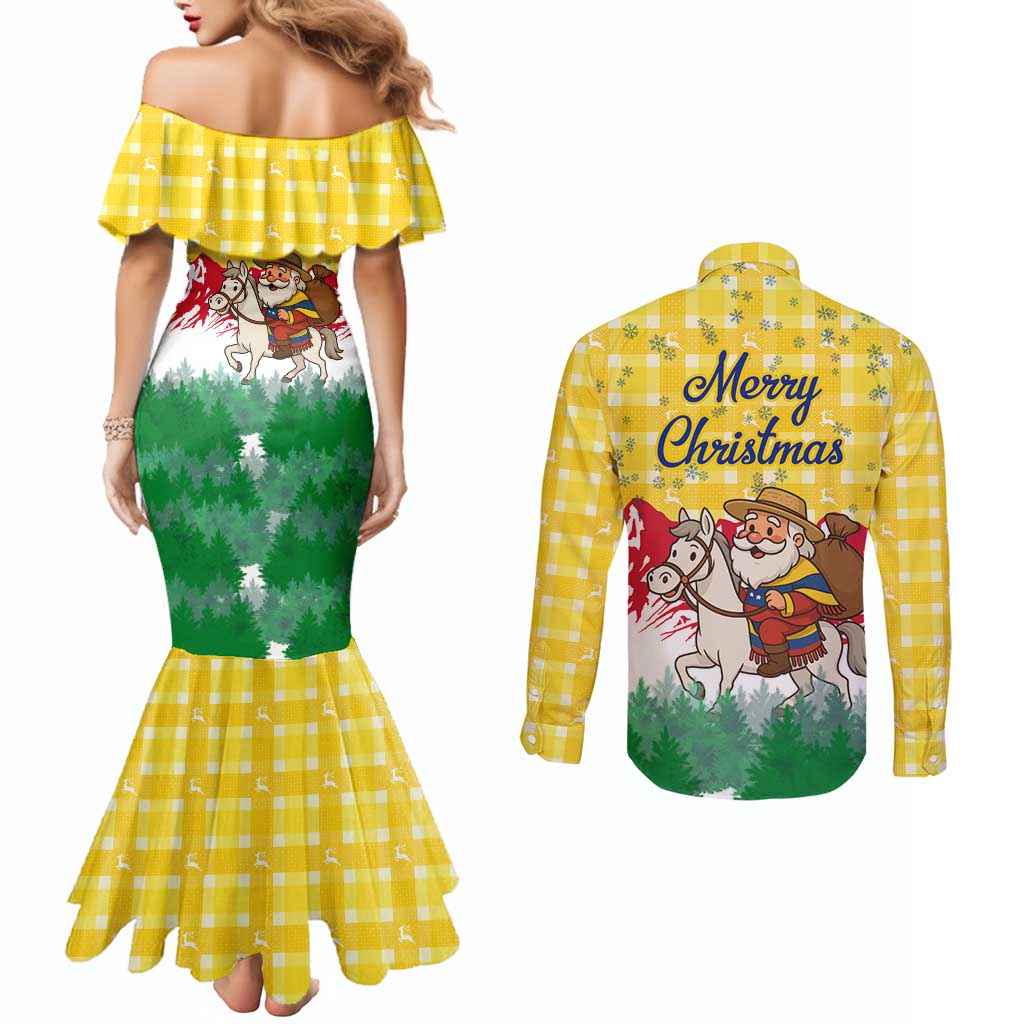 Venezuela Christmas Couples Matching Mermaid Dress and Long Sleeve Button Shirt with Santa on Horse Traditional Outfit Snowflakes and Yellow Plaid - Wonder Print Shop