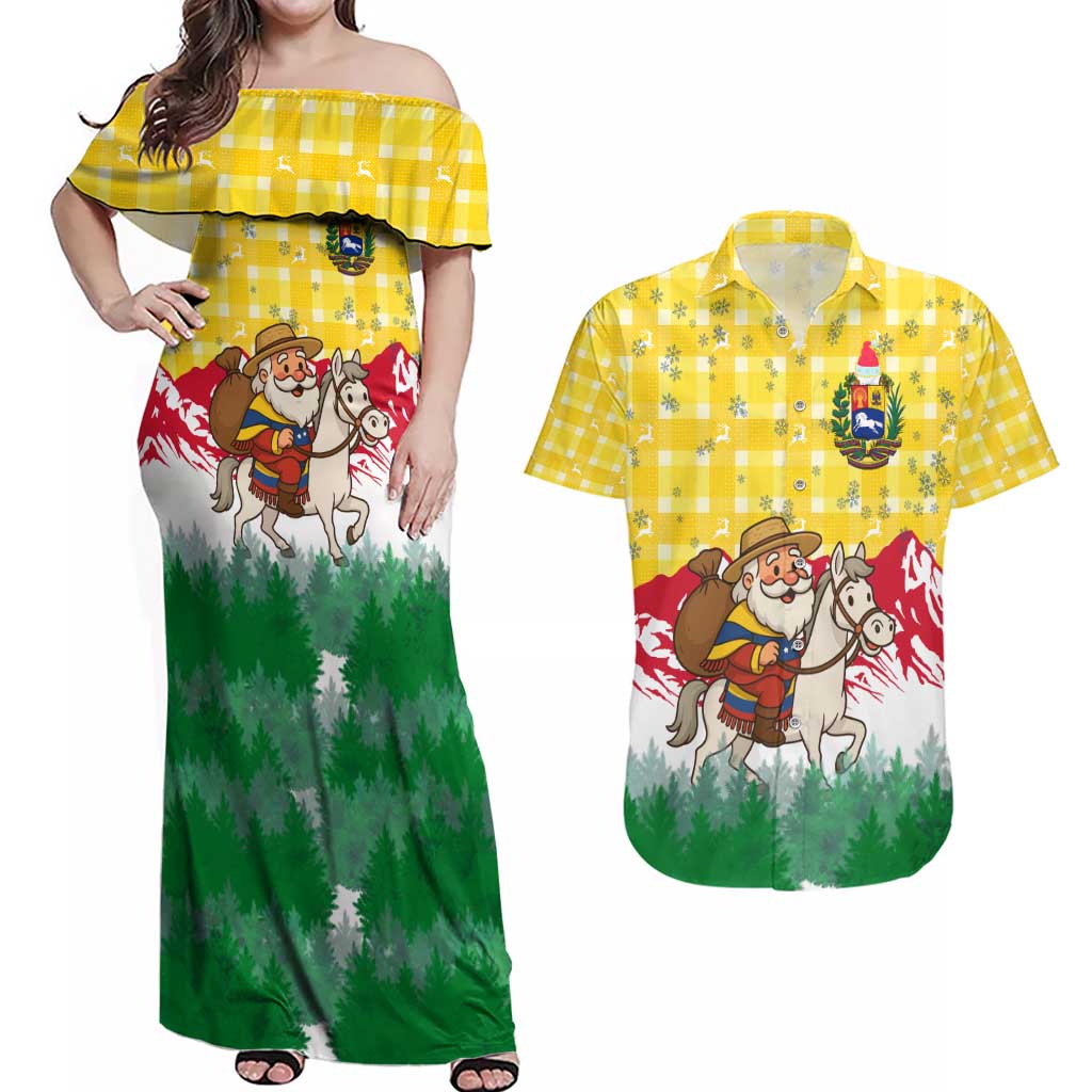 Venezuela Christmas Couples Matching Off Shoulder Maxi Dress and Hawaiian Shirt with Santa on Horse Traditional Outfit Snowflakes and Yellow Plaid - Wonder Print Shop