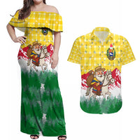 Venezuela Christmas Couples Matching Off Shoulder Maxi Dress and Hawaiian Shirt with Santa on Horse Traditional Outfit Snowflakes and Yellow Plaid - Wonder Print Shop