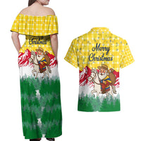 Venezuela Christmas Couples Matching Off Shoulder Maxi Dress and Hawaiian Shirt with Santa on Horse Traditional Outfit Snowflakes and Yellow Plaid - Wonder Print Shop