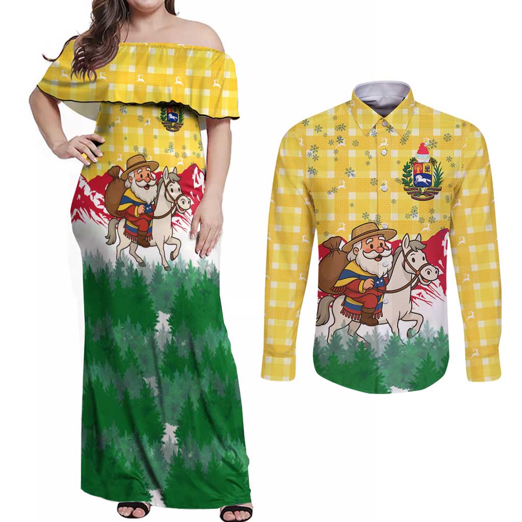 Venezuela Christmas Couples Matching Off Shoulder Maxi Dress and Long Sleeve Button Shirt with Santa on Horse Traditional Outfit Snowflakes and Yellow Plaid - Wonder Print Shop
