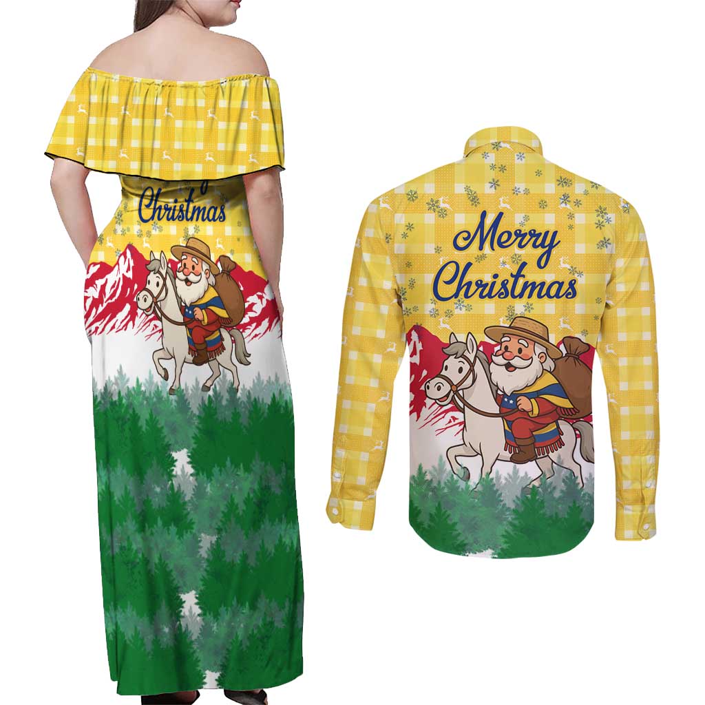 Venezuela Christmas Couples Matching Off Shoulder Maxi Dress and Long Sleeve Button Shirt with Santa on Horse Traditional Outfit Snowflakes and Yellow Plaid - Wonder Print Shop