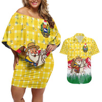 Venezuela Christmas Couples Matching Off Shoulder Short Dress and Hawaiian Shirt with Santa on Horse Traditional Outfit Snowflakes and Yellow Plaid - Wonder Print Shop