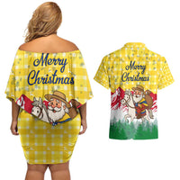 Venezuela Christmas Couples Matching Off Shoulder Short Dress and Hawaiian Shirt with Santa on Horse Traditional Outfit Snowflakes and Yellow Plaid - Wonder Print Shop