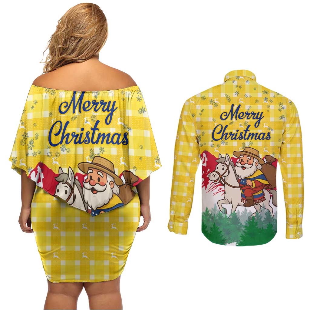 Venezuela Christmas Couples Matching Off Shoulder Short Dress and Long Sleeve Button Shirt with Santa on Horse Traditional Outfit Snowflakes and Yellow Plaid - Wonder Print Shop