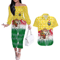 Venezuela Christmas Couples Matching Off The Shoulder Long Sleeve Dress and Hawaiian Shirt with Santa on Horse Traditional Outfit Snowflakes and Yellow Plaid - Wonder Print Shop