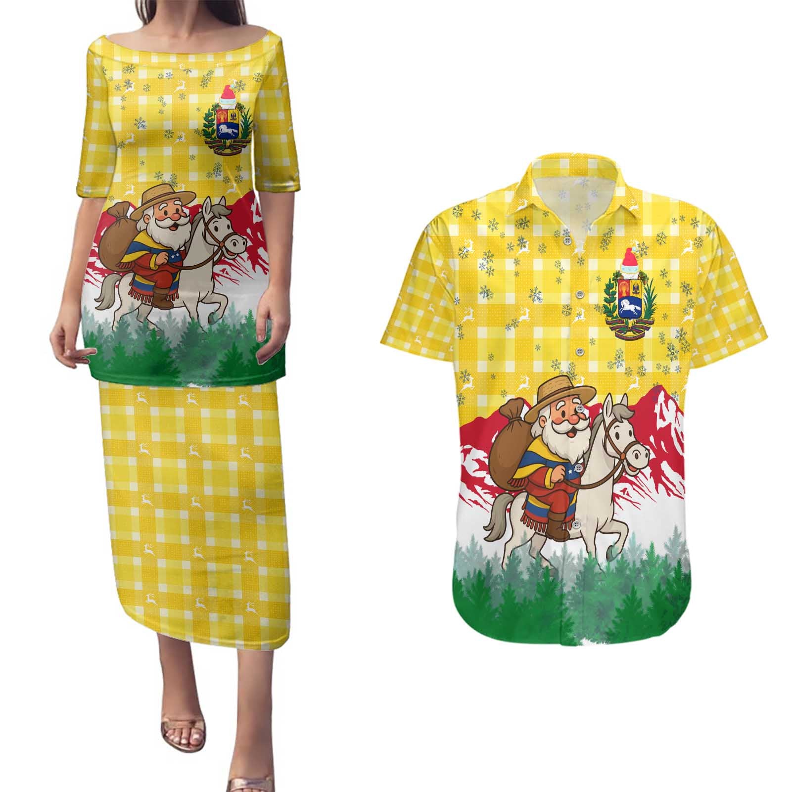 Venezuela Christmas Couples Matching Puletasi and Hawaiian Shirt with Santa on Horse Traditional Outfit Snowflakes and Yellow Plaid - Wonder Print Shop