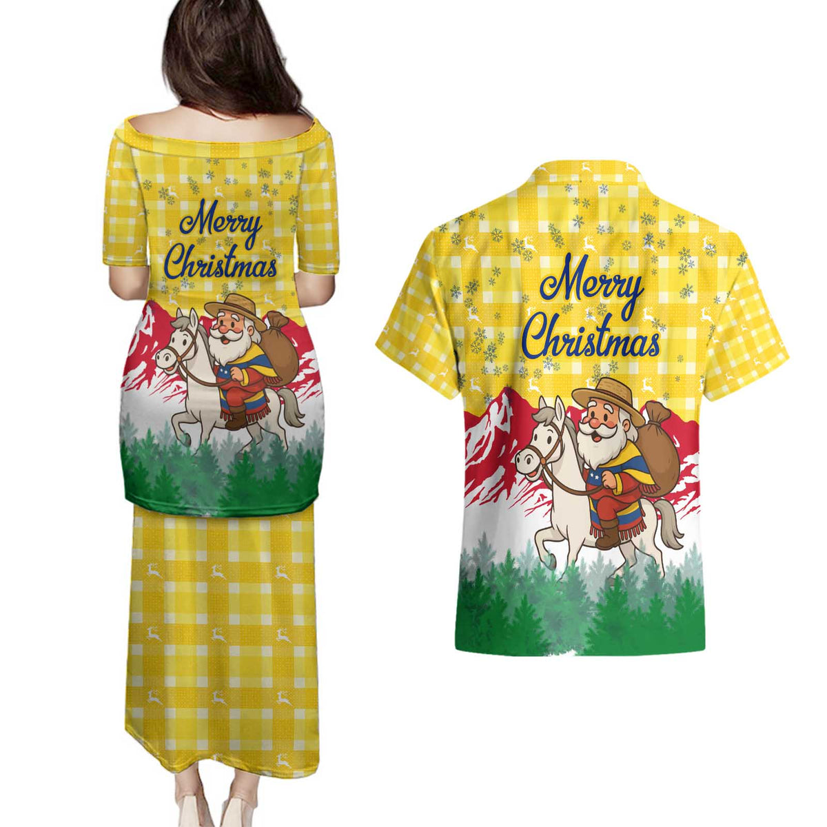 Venezuela Christmas Couples Matching Puletasi and Hawaiian Shirt with Santa on Horse Traditional Outfit Snowflakes and Yellow Plaid - Wonder Print Shop