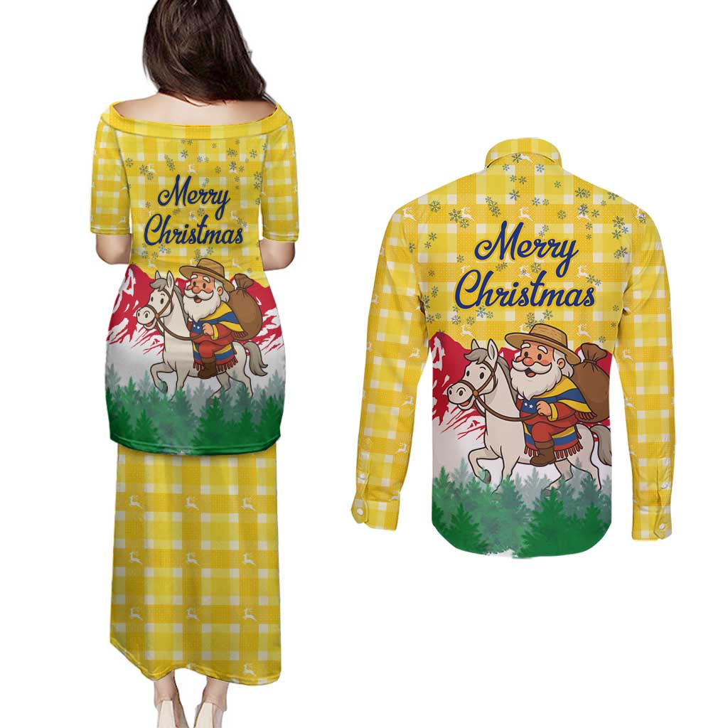 Venezuela Christmas Couples Matching Puletasi and Long Sleeve Button Shirt with Santa on Horse Traditional Outfit Snowflakes and Yellow Plaid - Wonder Print Shop