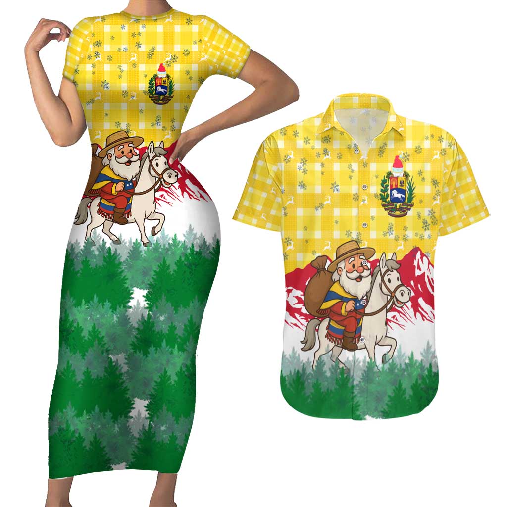 Venezuela Christmas Couples Matching Short Sleeve Bodycon Dress and Hawaiian Shirt with Santa on Horse Traditional Outfit Snowflakes and Yellow Plaid - Wonder Print Shop
