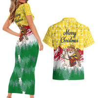 Venezuela Christmas Couples Matching Short Sleeve Bodycon Dress and Hawaiian Shirt with Santa on Horse Traditional Outfit Snowflakes and Yellow Plaid - Wonder Print Shop