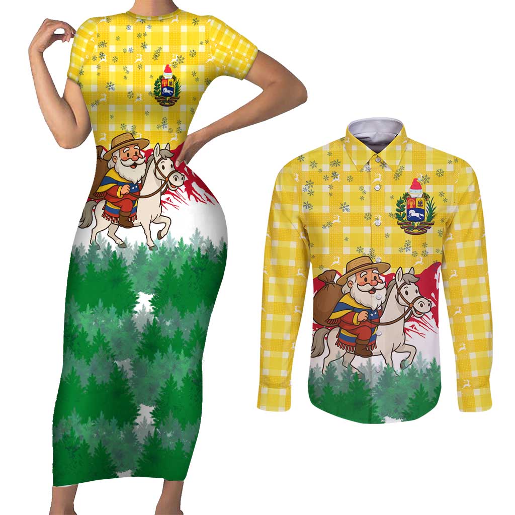 Venezuela Christmas Couples Matching Short Sleeve Bodycon Dress and Long Sleeve Button Shirt with Santa on Horse Traditional Outfit Snowflakes and Yellow Plaid - Wonder Print Shop