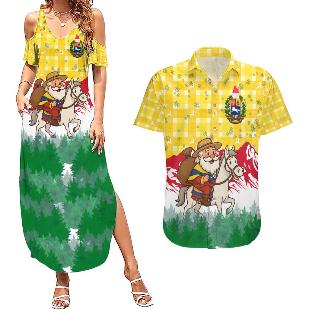 Venezuela Christmas Couples Matching Summer Maxi Dress and Hawaiian Shirt with Santa on Horse Traditional Outfit Snowflakes and Yellow Plaid - Wonder Print Shop