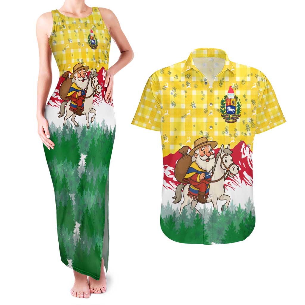 Venezuela Christmas Couples Matching Tank Maxi Dress and Hawaiian Shirt with Santa on Horse Traditional Outfit Snowflakes and Yellow Plaid - Wonder Print Shop
