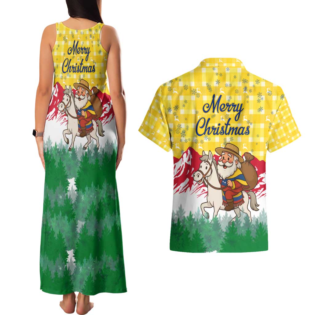 Venezuela Christmas Couples Matching Tank Maxi Dress and Hawaiian Shirt with Santa on Horse Traditional Outfit Snowflakes and Yellow Plaid - Wonder Print Shop