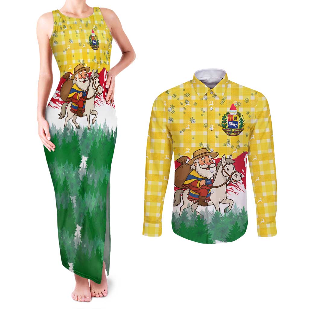 Venezuela Christmas Couples Matching Tank Maxi Dress and Long Sleeve Button Shirt with Santa on Horse Traditional Outfit Snowflakes and Yellow Plaid - Wonder Print Shop