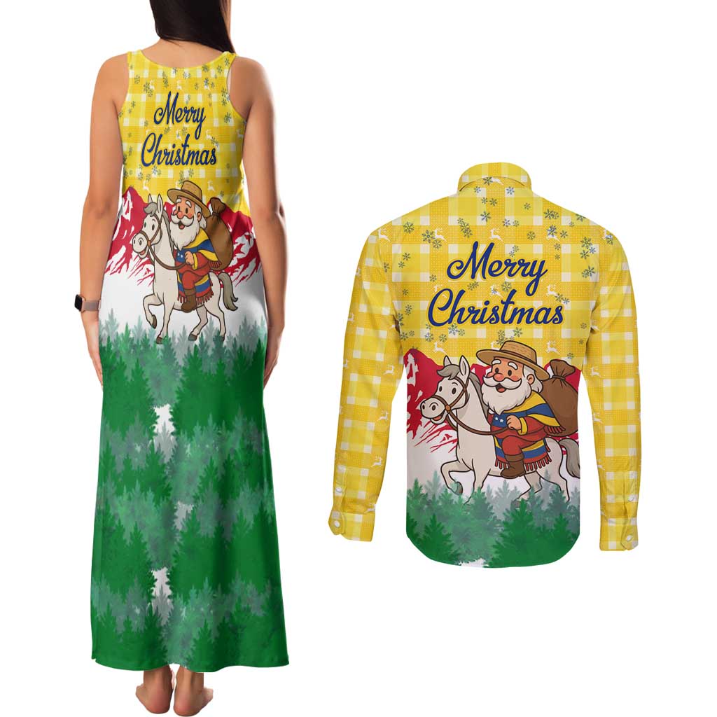 Venezuela Christmas Couples Matching Tank Maxi Dress and Long Sleeve Button Shirt with Santa on Horse Traditional Outfit Snowflakes and Yellow Plaid - Wonder Print Shop