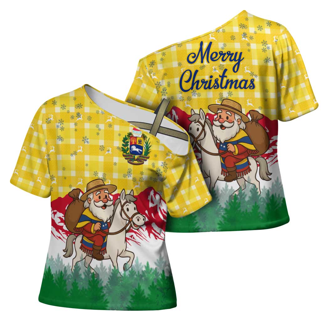 Venezuela Christmas Cross Shoulder Shirt with Santa on Horse Traditional Outfit Snowflakes and Yellow Plaid - Wonder Print Shop