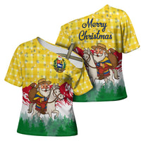 Venezuela Christmas Cross Shoulder Shirt with Santa on Horse Traditional Outfit Snowflakes and Yellow Plaid - Wonder Print Shop