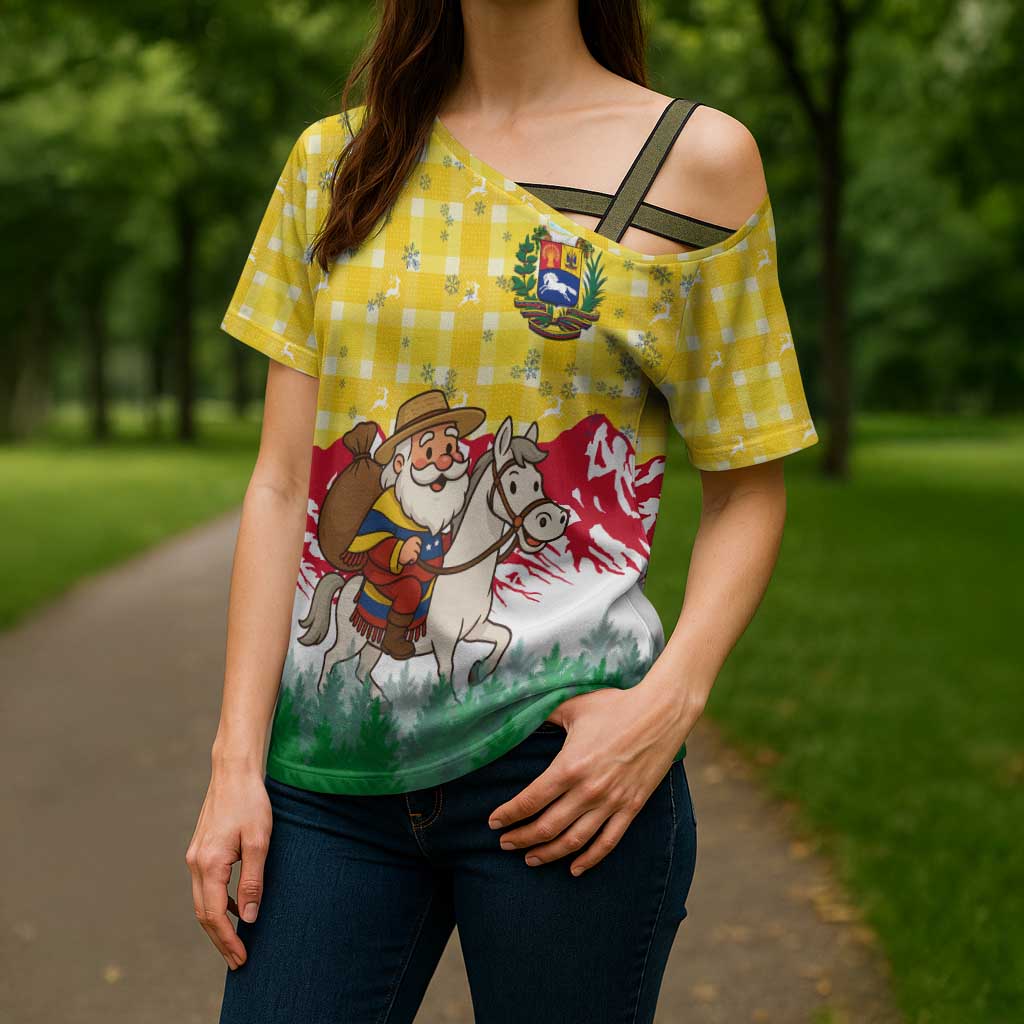 Venezuela Christmas Cross Shoulder Shirt with Santa on Horse Traditional Outfit Snowflakes and Yellow Plaid - Wonder Print Shop