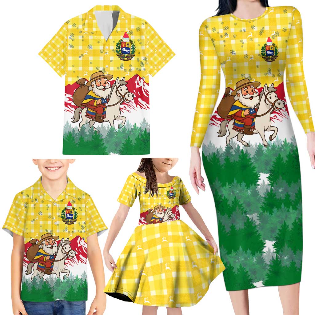 Venezuela Christmas Family Matching Long Sleeve Bodycon Dress and Hawaiian Shirt with Santa on Horse Traditional Outfit Snowflakes and Yellow Plaid - Wonder Print Shop