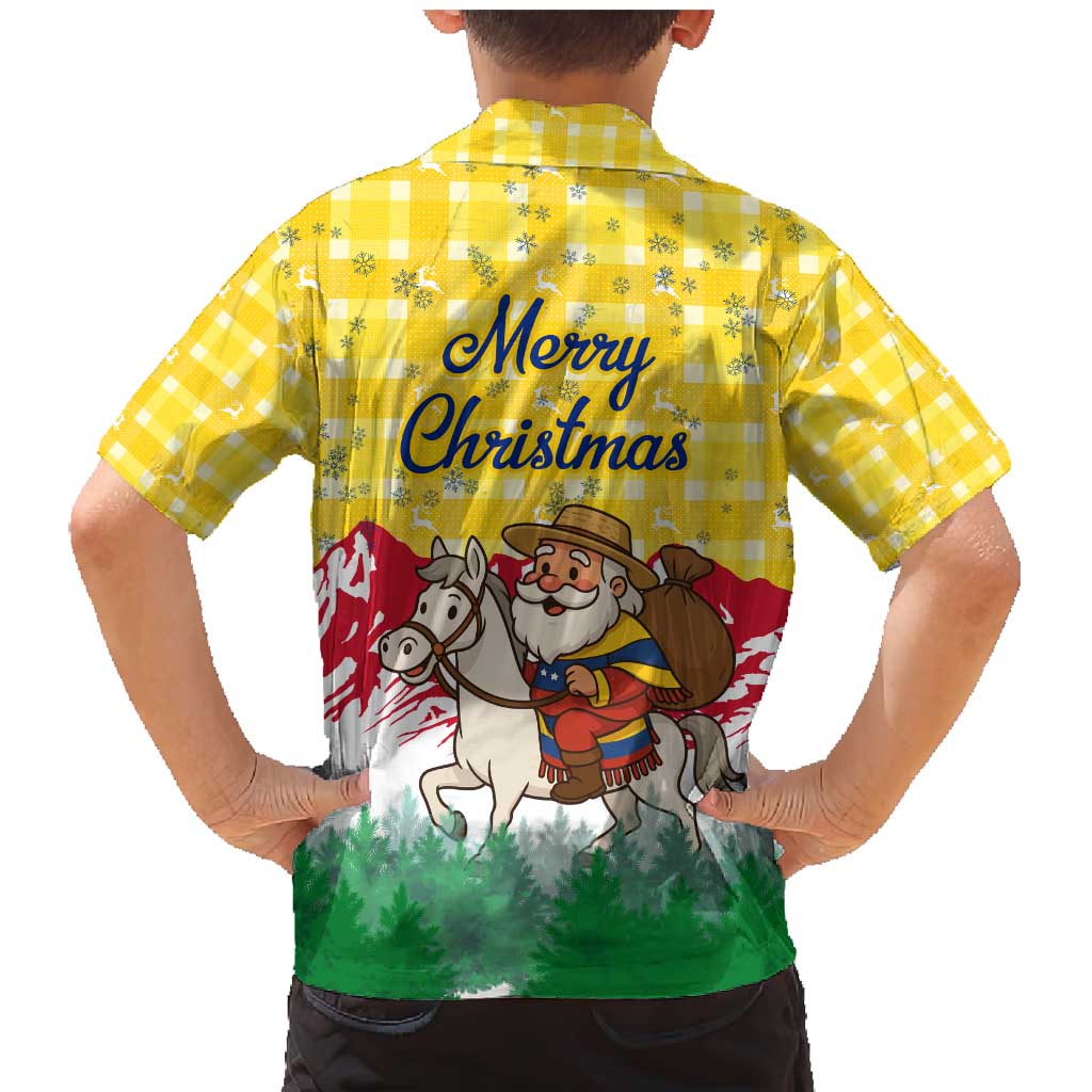 Venezuela Christmas Family Matching Mermaid Dress and Hawaiian Shirt with Santa on Horse Traditional Outfit Snowflakes and Yellow Plaid - Wonder Print Shop