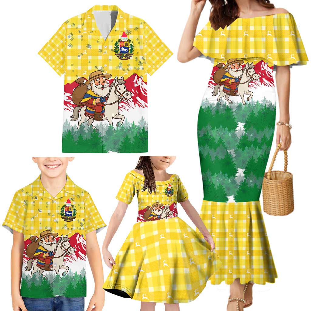 Venezuela Christmas Family Matching Mermaid Dress and Hawaiian Shirt with Santa on Horse Traditional Outfit Snowflakes and Yellow Plaid - Wonder Print Shop