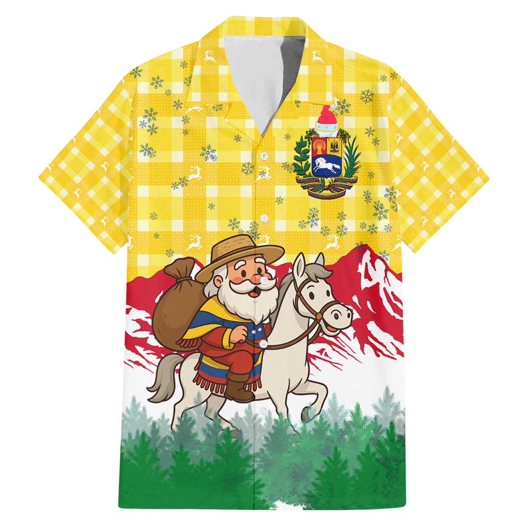 Venezuela Christmas Family Matching Mermaid Dress and Hawaiian Shirt with Santa on Horse Traditional Outfit Snowflakes and Yellow Plaid - Wonder Print Shop