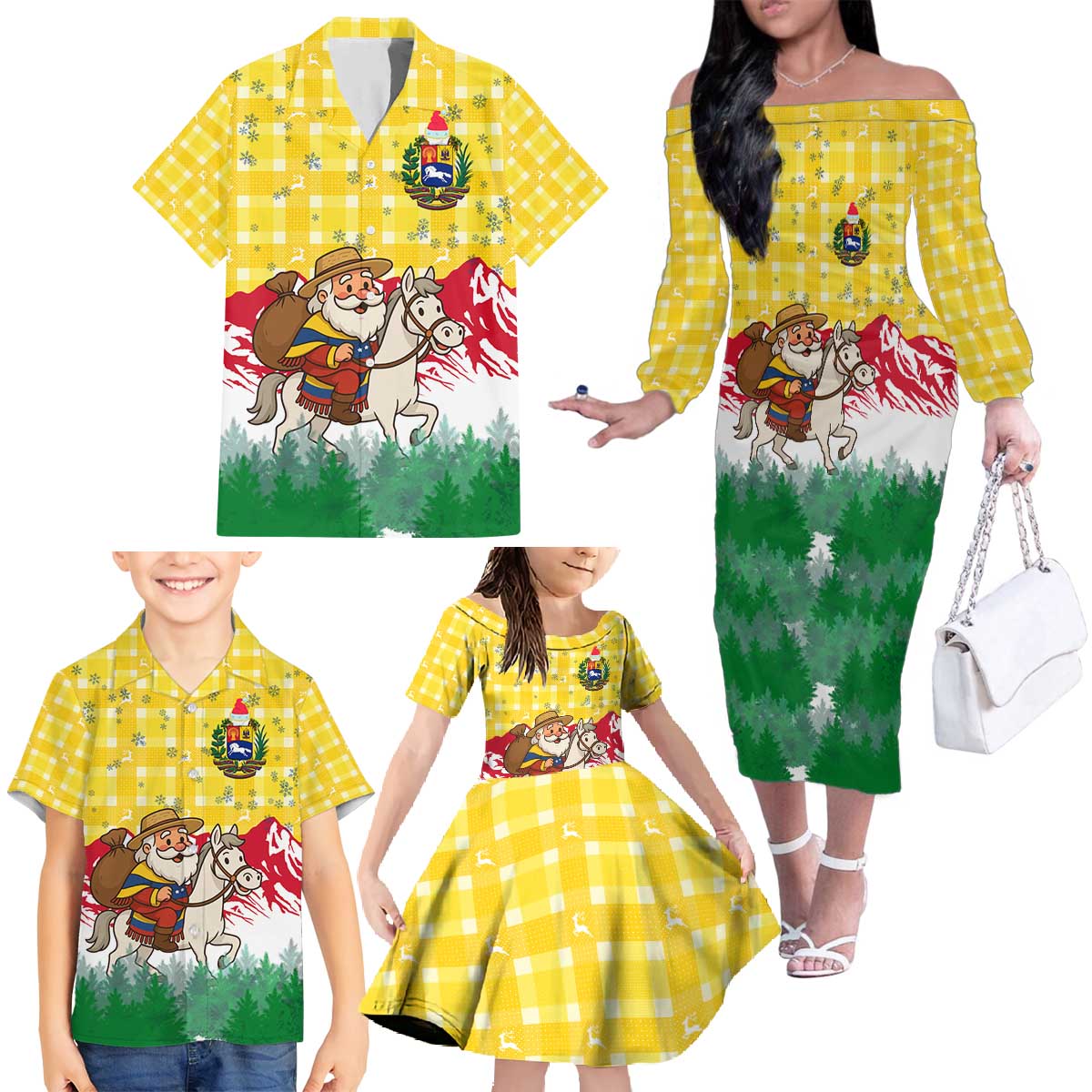 Venezuela Christmas Family Matching Off The Shoulder Long Sleeve Dress and Hawaiian Shirt with Santa on Horse Traditional Outfit Snowflakes and Yellow Plaid - Wonder Print Shop