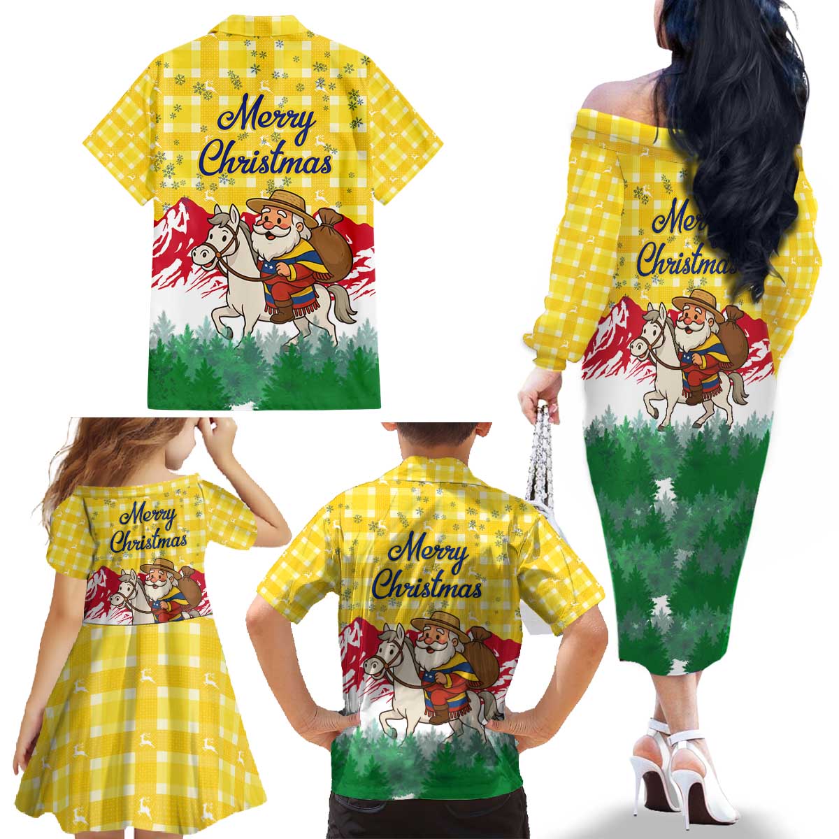 Venezuela Christmas Family Matching Off The Shoulder Long Sleeve Dress and Hawaiian Shirt with Santa on Horse Traditional Outfit Snowflakes and Yellow Plaid - Wonder Print Shop