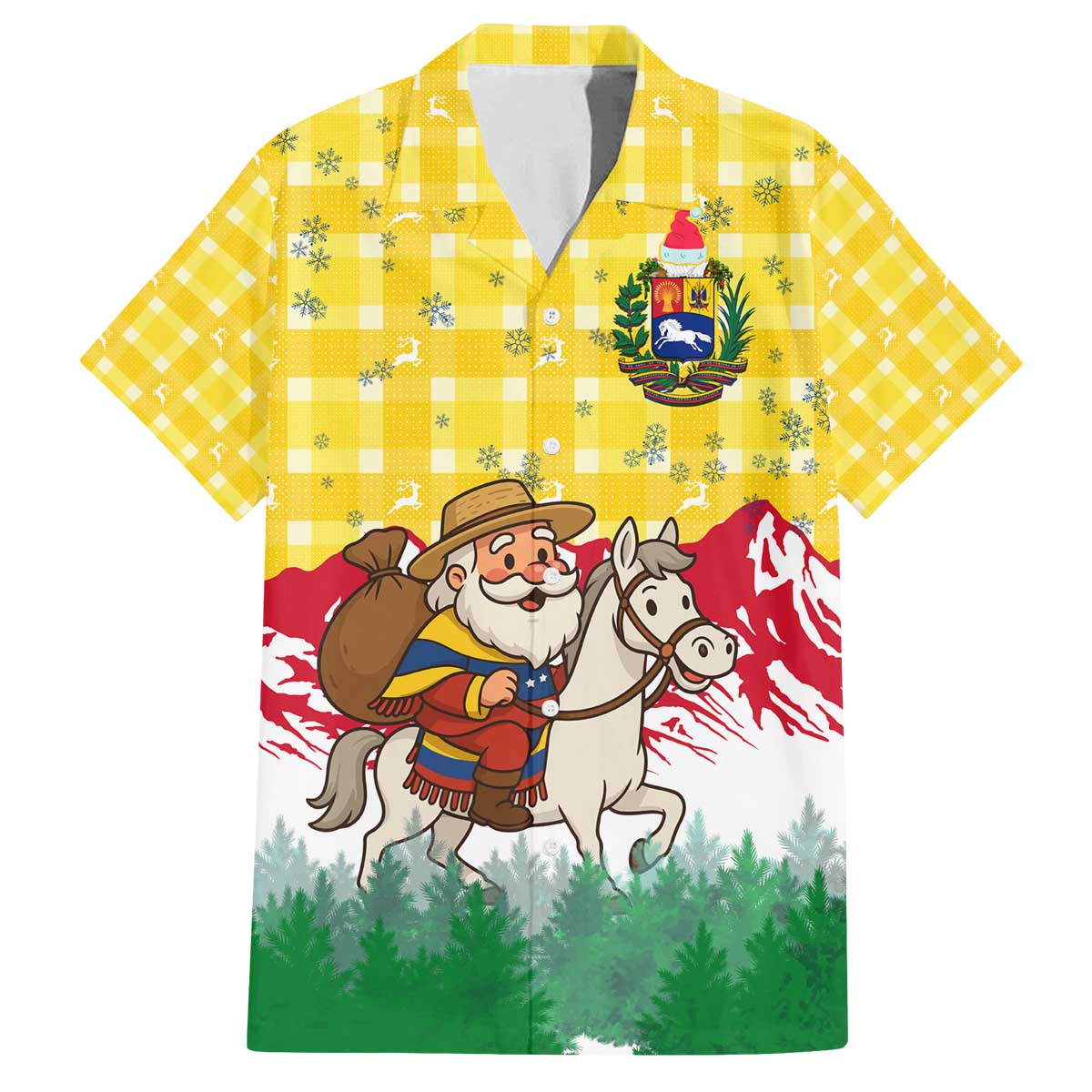 Venezuela Christmas Family Matching Off The Shoulder Long Sleeve Dress and Hawaiian Shirt with Santa on Horse Traditional Outfit Snowflakes and Yellow Plaid - Wonder Print Shop