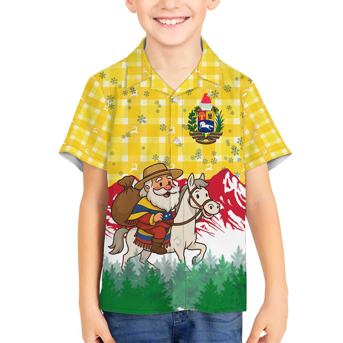 Venezuela Christmas Family Matching Off The Shoulder Long Sleeve Dress and Hawaiian Shirt with Santa on Horse Traditional Outfit Snowflakes and Yellow Plaid - Wonder Print Shop