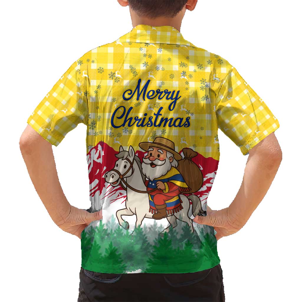 Venezuela Christmas Family Matching Off Shoulder Maxi Dress and Hawaiian Shirt with Santa on Horse Traditional Outfit Snowflakes and Yellow Plaid - Wonder Print Shop