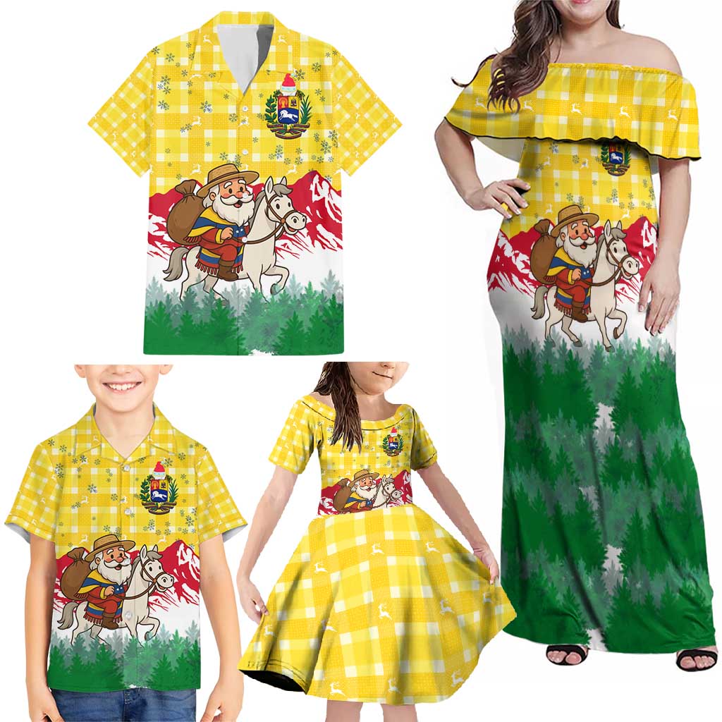 Venezuela Christmas Family Matching Off Shoulder Maxi Dress and Hawaiian Shirt with Santa on Horse Traditional Outfit Snowflakes and Yellow Plaid - Wonder Print Shop