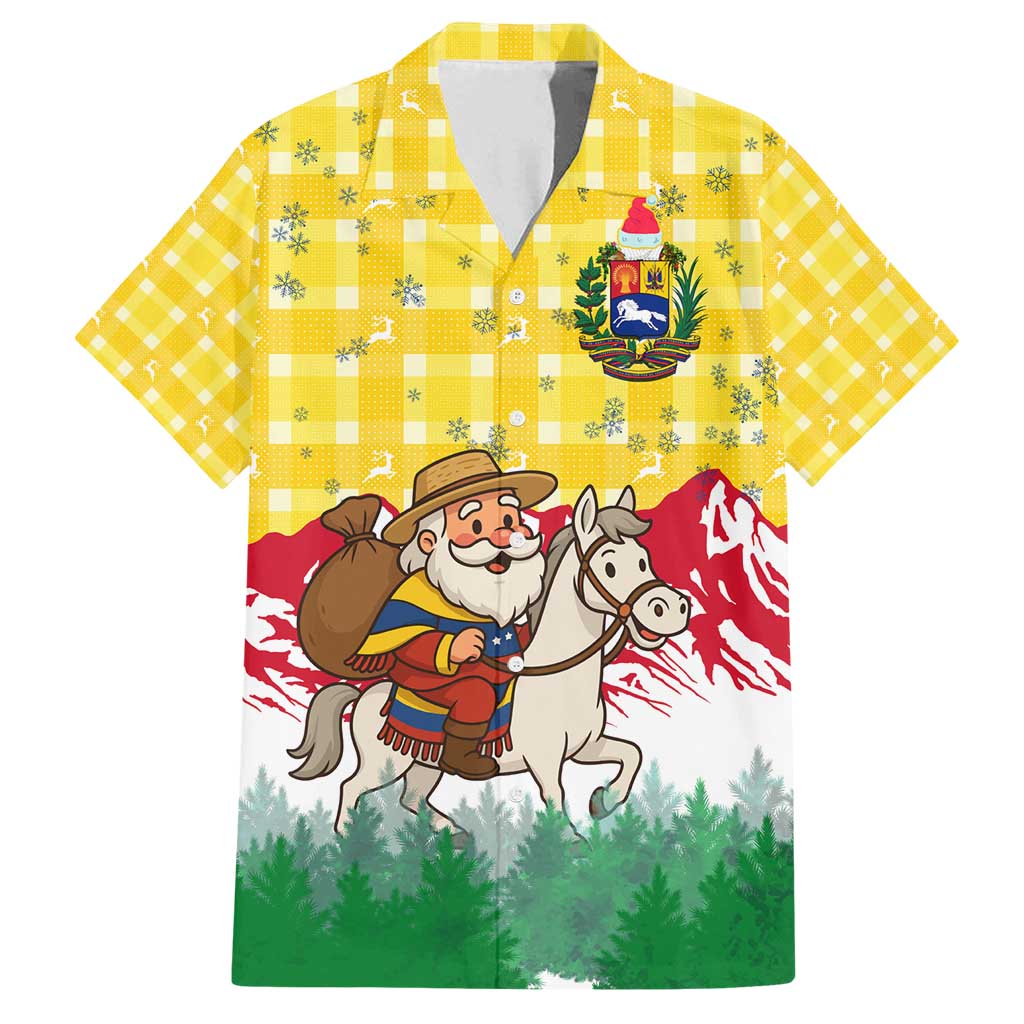 Venezuela Christmas Family Matching Off Shoulder Maxi Dress and Hawaiian Shirt with Santa on Horse Traditional Outfit Snowflakes and Yellow Plaid - Wonder Print Shop
