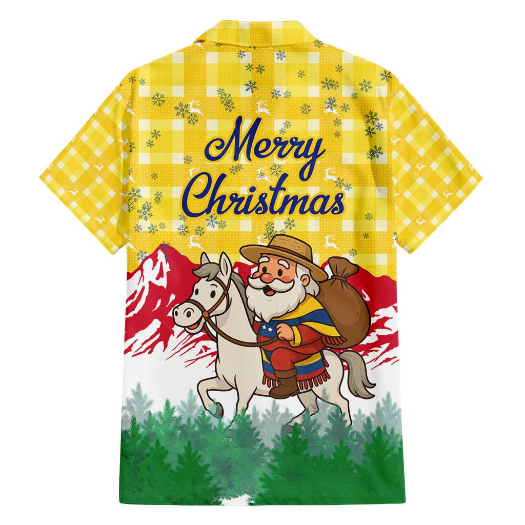 Venezuela Christmas Family Matching Off Shoulder Maxi Dress and Hawaiian Shirt with Santa on Horse Traditional Outfit Snowflakes and Yellow Plaid - Wonder Print Shop