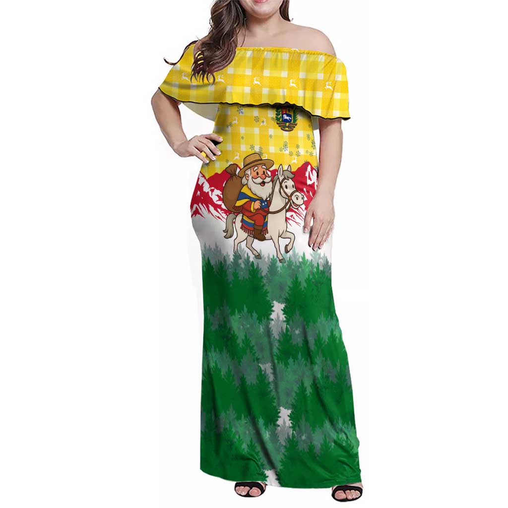 Venezuela Christmas Family Matching Off Shoulder Maxi Dress and Hawaiian Shirt with Santa on Horse Traditional Outfit Snowflakes and Yellow Plaid - Wonder Print Shop
