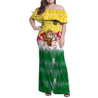 Venezuela Christmas Family Matching Off Shoulder Maxi Dress and Hawaiian Shirt with Santa on Horse Traditional Outfit Snowflakes and Yellow Plaid - Wonder Print Shop