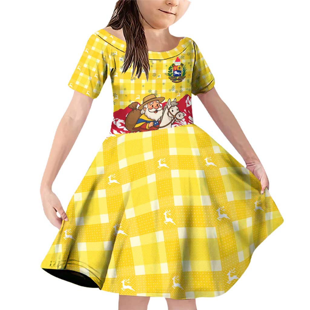 Venezuela Christmas Family Matching Off Shoulder Short Dress and Hawaiian Shirt with Santa on Horse Traditional Outfit Snowflakes and Yellow Plaid - Wonder Print Shop