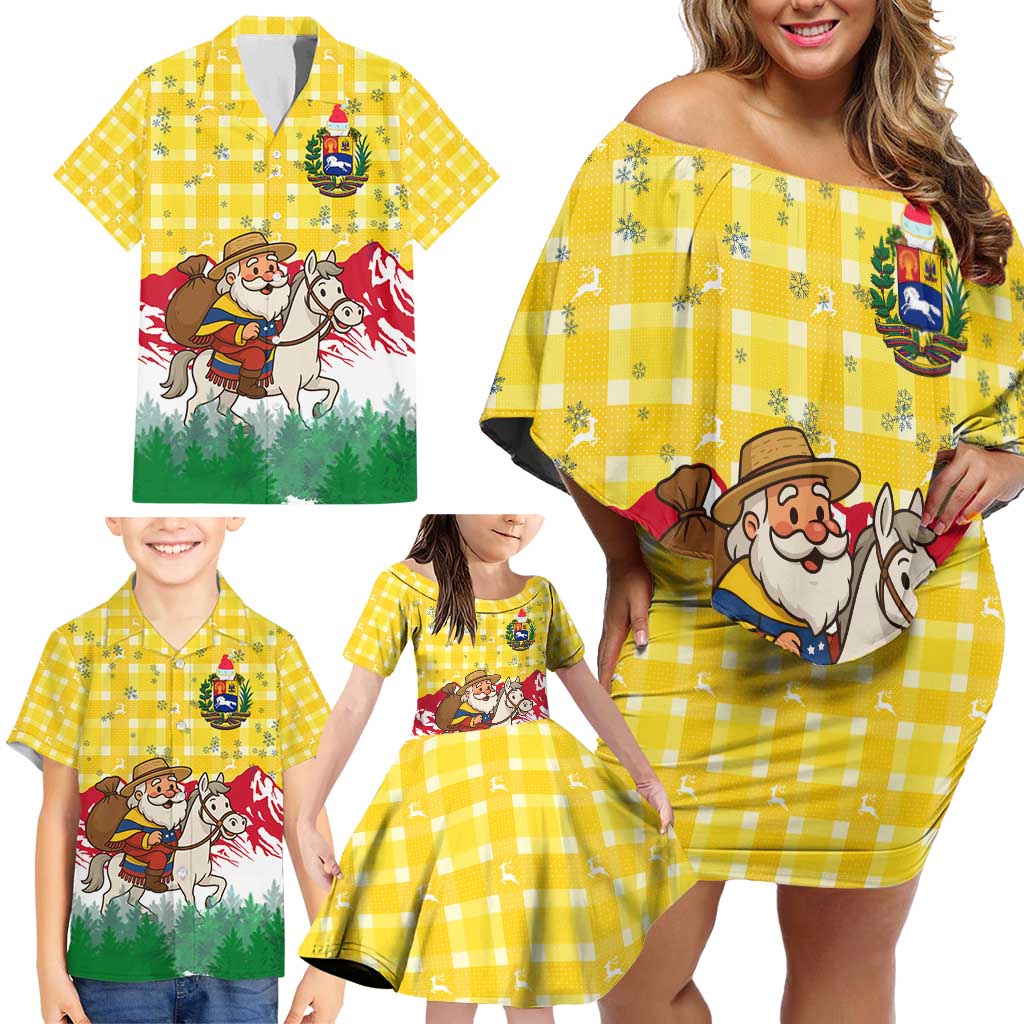 Venezuela Christmas Family Matching Off Shoulder Short Dress and Hawaiian Shirt with Santa on Horse Traditional Outfit Snowflakes and Yellow Plaid - Wonder Print Shop