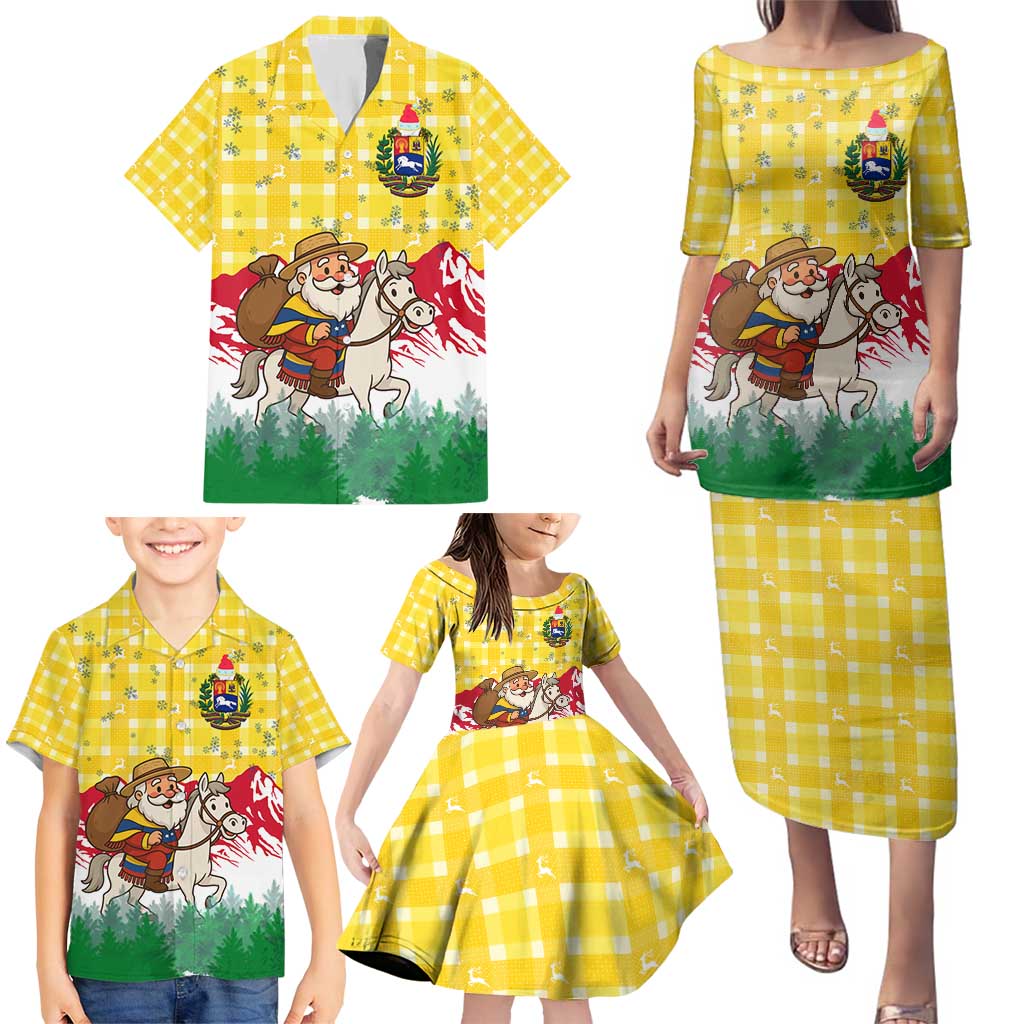 Venezuela Christmas Family Matching Puletasi and Hawaiian Shirt with Santa on Horse Traditional Outfit Snowflakes and Yellow Plaid - Wonder Print Shop