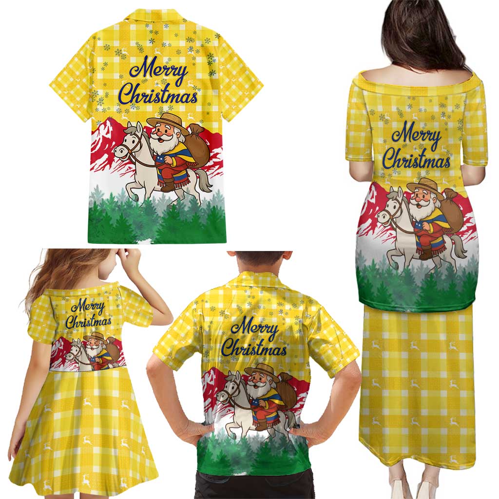 Venezuela Christmas Family Matching Puletasi and Hawaiian Shirt with Santa on Horse Traditional Outfit Snowflakes and Yellow Plaid - Wonder Print Shop