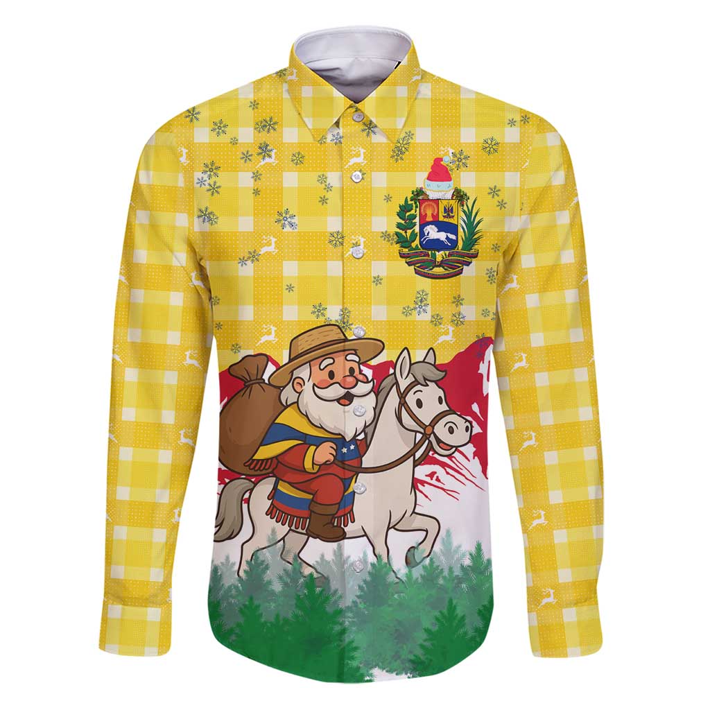 Venezuela Christmas Family Matching Puletasi and Hawaiian Shirt with Santa on Horse Traditional Outfit Snowflakes and Yellow Plaid - Wonder Print Shop