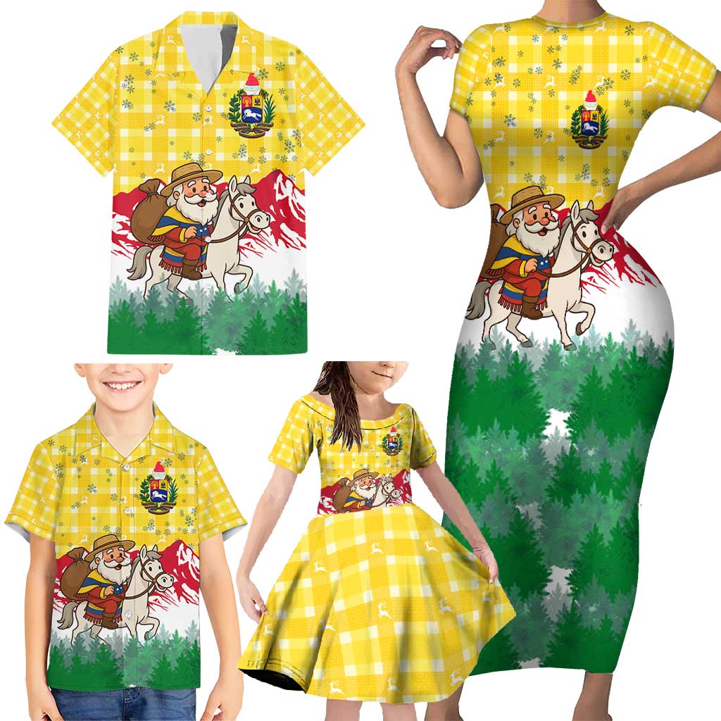 Venezuela Christmas Family Matching Short Sleeve Bodycon Dress and Hawaiian Shirt with Santa on Horse Traditional Outfit Snowflakes and Yellow Plaid - Wonder Print Shop