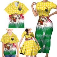Venezuela Christmas Family Matching Short Sleeve Bodycon Dress and Hawaiian Shirt with Santa on Horse Traditional Outfit Snowflakes and Yellow Plaid - Wonder Print Shop