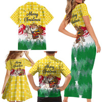 Venezuela Christmas Family Matching Short Sleeve Bodycon Dress and Hawaiian Shirt with Santa on Horse Traditional Outfit Snowflakes and Yellow Plaid - Wonder Print Shop